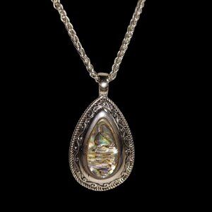 Vintage Teardrop Abalone Shell Pendant Necklace Floral Edge 24" Adjustable